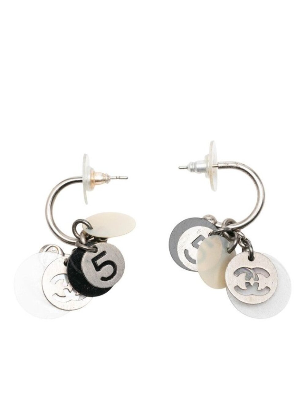 Chanel CC Logo No 5 Earrings Silver Black Metal